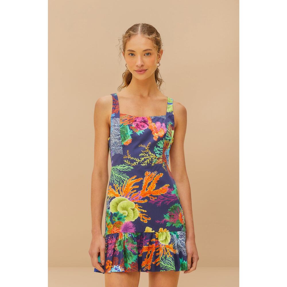 Farm Rio Coral Vibrant Garden Sleeveless Mini Dress Ruffle Hem Size Large